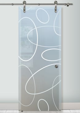 Handcrafted Etched Glass Sliding Glass Barn Door by Sans Soucie Art Glass with Custom Geometric Design Called Ovals Overlap Creating Private
