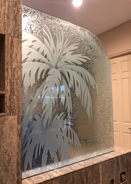 Handcrafted Etched Glass Divider by Sans Soucie Art Glass with Custom Palm Trees Design Called Palm Crowns Creating Semi-Private