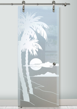 Handcrafted Etched Glass Sliding Glass Barn Door by Sans Soucie Art Glass with Custom Palm Trees Design Called Palm Sunset Creating Private