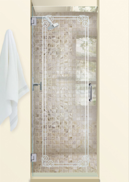 Handmade Sandblasted Frosted Glass Shower Door for Not Private Featuring a Borders Design Parisian Border by Sans Soucie