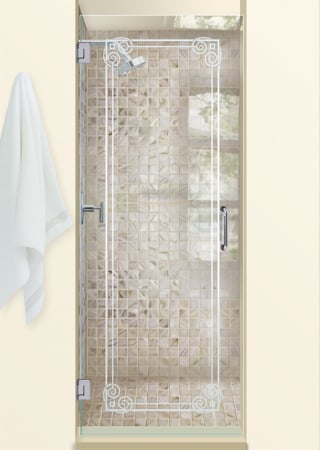 Shower Door featuring a Frosted Glass Borders Design Sandblast Etched Glass Parisian Border Design by Sans Soucie