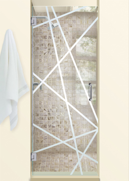 Handcrafted Etched Glass Shower Door by Sans Soucie Art Glass with Custom Geometric Design Called Pick Up Creating Not Private