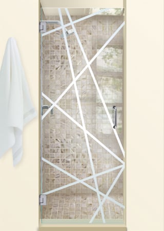 Shower Door featuring Frosted Glass Design Etched Glass by Sans Soucie Art Glass with Custom Geometric Design Pick Up