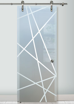 Handcrafted Etched Glass Sliding Glass Barn Door by Sans Soucie Art Glass with Custom Geometric Design Called Pick Up Creating Private