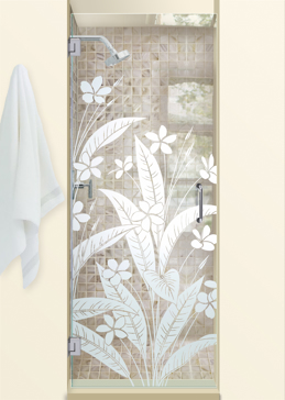 Handmade Sandblasted Frosted Glass Shower Door for Not Private Featuring a Floral Design Plumeria by Sans Soucie