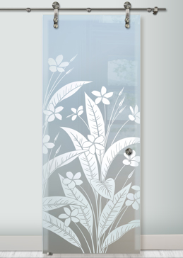 Handmade Sandblasted Frosted Glass Sliding Glass Barn Door for Private Featuring a Floral Design Plumeria by Sans Soucie