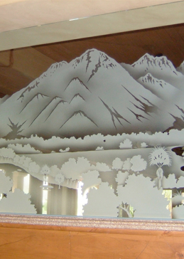 Divider with a Frosted Glass Quarry Mountains Desert Design for Semi-Private by Sans Soucie Art Glass