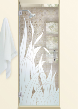 Handcrafted Etched Glass Shower Door by Sans Soucie Art Glass with Custom Foliage Design Called Reeds Creating Not Private
