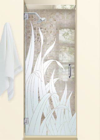 Shower Door featuring Frosted Glass Design Etched Glass by Sans Soucie Art Glass with Custom Foliage Design Reeds