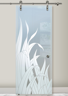 Handcrafted Etched Glass Sliding Glass Barn Door by Sans Soucie Art Glass with Custom Foliage Design Called Reeds Creating Private