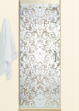 Handcrafted Etched Glass Shower Door by Sans Soucie Art Glass with Custom Traditional Design Called Renaissance Creating Not Private
