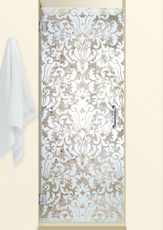 Shower Door featuring Frosted Glass Design Etched Glass by Sans Soucie Art Glass with Custom Traditional Design Renaissance