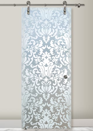 Glass Barn Door featuring Frosted Glass Design Etched Glass by Sans Soucie Art Glass with Custom Traditional Design Renaissance