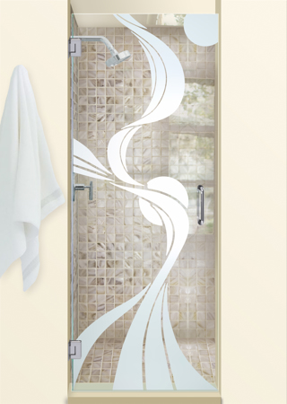 Shower Door featuring a Frosted Glass Geometric Design Sandblast Etched Glass Ribbon Reflection Moons Design by Sans Soucie