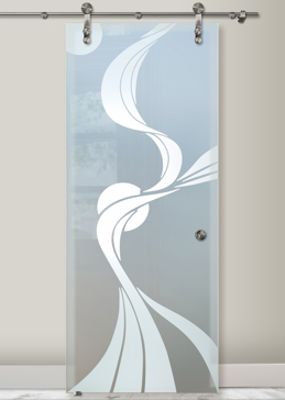 Handmade Sandblasted Frosted Glass Sliding Glass Barn Door for Private Featuring a Geometric Design Ribbon Reflection Moons by Sans Soucie