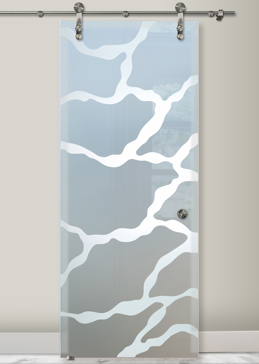 Handmade Sandblasted Frosted Glass Sliding Glass Barn Door for Private Featuring a Abstract Design Rivulet by Sans Soucie