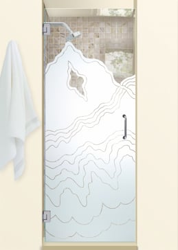 Not Private Shower Door with Sandblast Etched Glass Art by Sans Soucie Featuring Rugged Retreat Abstract Design