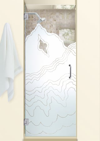 Shower Door showcasing a Frosted Glass Abstract Design with Sandblast Etched Glass Art by Sans Soucie Rugged Retreat Design
