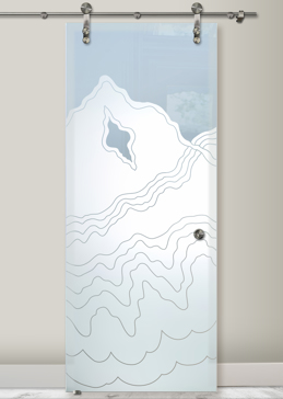 Private Sliding Glass Barn Door with Sandblast Etched Glass Art by Sans Soucie Featuring Rugged Retreat Abstract Design