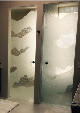 Handcrafted Etched Glass Frameless Glass Door Interior by Sans Soucie Art Glass with Custom Abstract Design Called Rugged Hills Creating Semi-Private