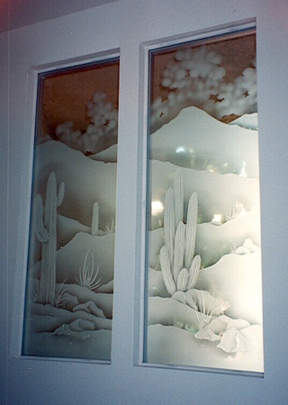 Window with a sandblast Frosted Glass Desert Design Custom-Designed Decorative Etched Glass