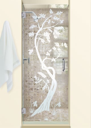 Shower Door with a sandblast Frosted Glass Asian Design Custom-Designed Decorative Etched Glass