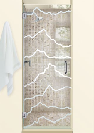 Shower Door showcasing a Frosted Glass Abstract Design with Sandblast Etched Glass Art by Sans Soucie Serrated Design