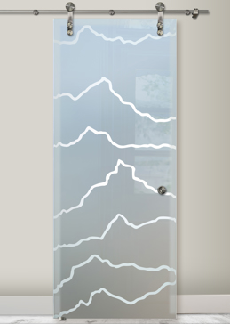 Private Sliding Glass Barn Door with Sandblast Etched Glass Art by Sans Soucie Featuring Serrated Abstract Design