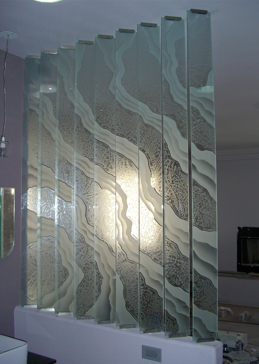 Handmade Sandblasted Frosted Glass Divider for Semi-Private Featuring a Oceanic Design Shoreline Pattern by Sans Soucie