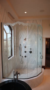 Shower Enclosure with a Frosted Glass Shoreline Thin Edge Edges Design for Not Private by Sans Soucie Art Glass