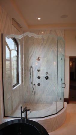 Shower Enclosure with a Frosted Glass Shoreline Thin Edge Edges Design for Not Private by Sans Soucie Art Glass