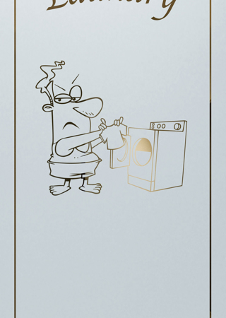 Laundry Insert featuring Frosted Glass Design Etched Glass by Sans Soucie Art Glass with Custom Whimsical Design Shrunken Shirt