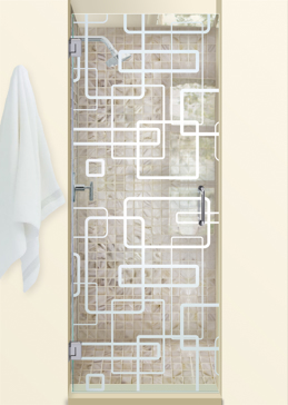 Not Private Shower Door with Sandblast Etched Glass Art by Sans Soucie Featuring Soft Squares Geometric Design