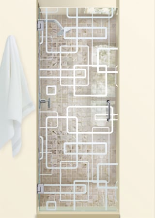 Shower Door showcasing a Frosted Glass Geometric Design with Sandblast Etched Glass Art by Sans Soucie Soft Squares Design