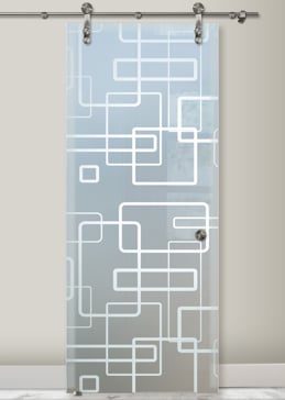Private Sliding Glass Barn Door with Sandblast Etched Glass Art by Sans Soucie Featuring Soft Squares Geometric Design