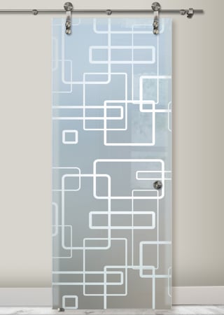 Glass Barn Door showcasing a Frosted Glass Geometric Design with Sandblast Etched Glass Art by Sans Soucie Soft Squares Design