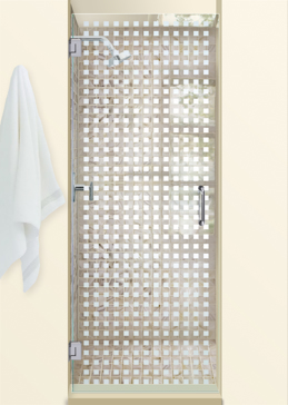 Handcrafted Etched Glass Shower Door by Sans Soucie Art Glass with Custom Geometric Design Called Squares Creating Not Private