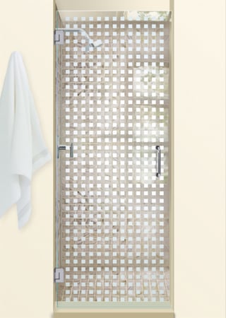 Shower Door featuring Frosted Glass Design Etched Glass by Sans Soucie Art Glass with Custom Geometric Design Squares