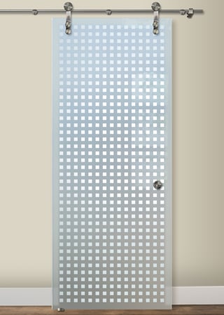 Glass Barn Door featuring Frosted Glass Design Etched Glass by Sans Soucie Art Glass with Custom Geometric Design Squares