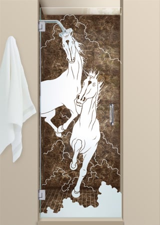 Shower Door featuring Frosted Glass Design Etched Glass by Sans Soucie Art Glass with Custom Western Design Stallions