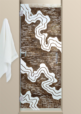 Shower Door with a Frosted Glass Streams Abstract Design for Not Private by Sans Soucie Art Glass