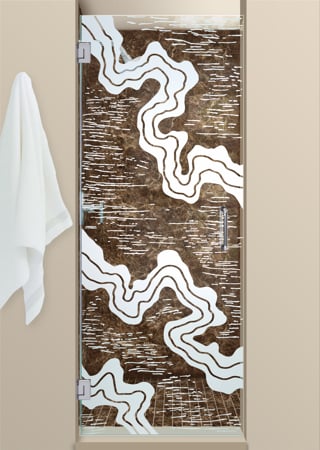 Shower Door with a Frosted Glass Streams Abstract Design for Semi-Private by Sans Soucie Art Glass