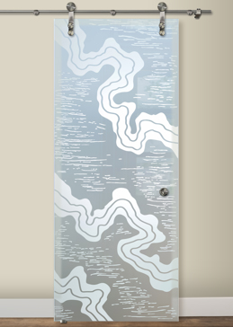 Sliding Glass Barn Door with a Frosted Glass Streams Abstract Design for Private by Sans Soucie Art Glass