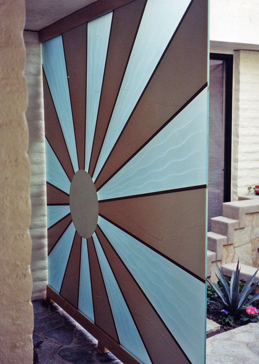 Handcrafted Etched Glass Divider by Sans Soucie Art Glass with Custom Geometric Design Called Sun Beam Creating Private