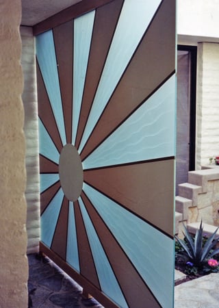 Partition featuring Frosted Glass Design Etched Glass by Sans Soucie Art Glass with Custom Geometric Design Sun Beam