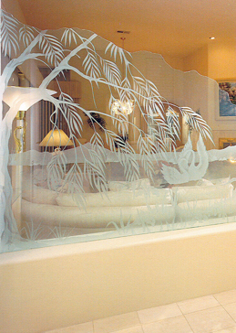 Handmade Sandblasted Frosted Glass Divider for Semi-Private Featuring a Wildlife Design Swan Song by Sans Soucie