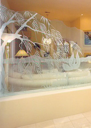 Partition featuring a Frosted Glass Wildlife Design Sandblast Etched Glass Swan Song Design by Sans Soucie