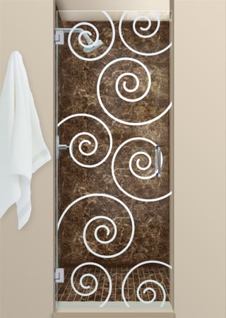 Shower Door with a Frosted Glass Swirls Geometric Design for Semi-Private by Sans Soucie Art Glass