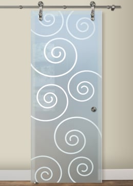Sliding Glass Barn Door with a Frosted Glass Swirls Geometric Design for Private by Sans Soucie Art Glass