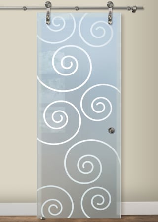 Glass Barn Door with a Frosted Glass Swirls Geometric Design for Semi-Private by Sans Soucie Art Glass